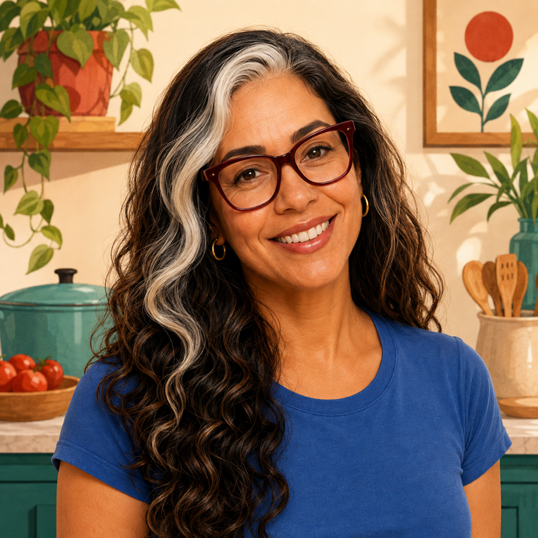 Ana Sabe sorrindo em uma cozinha acolhedora